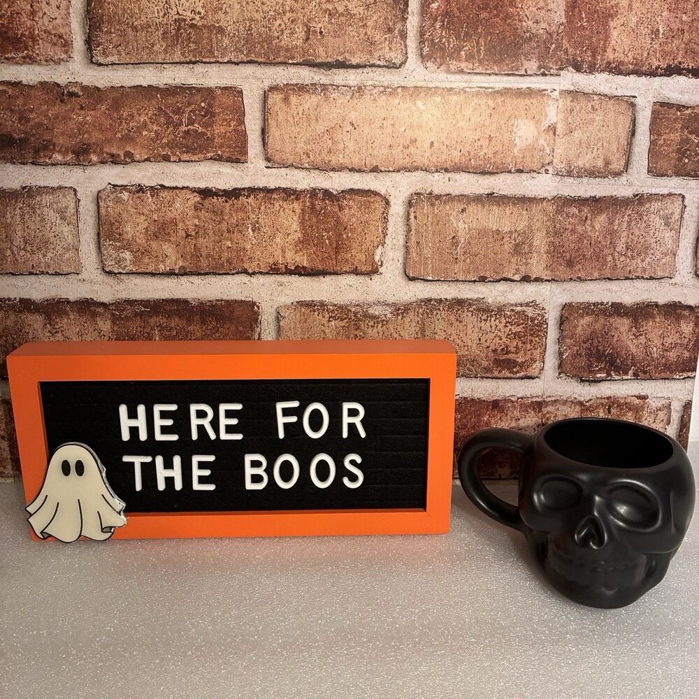 Halloween Block Sign: HERE FOR THE BOOS+ Ghost &Black Skull Mug. Fun Party Decor